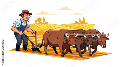 The Ploughman's Harvest: A determined farmer guiding a plow, drawn by oxen across a golden field, symbolizes hard work and agrarian tradition.