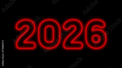 Neon 2026 text animation on black background. Red glowing outline appears first, then numbers flicker and fall down from the top. 4K horizontal video. Loop-ready.