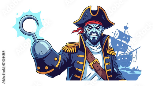 Pirate with Hook: A daring illustration of a pirate captain, exuding bravery and swashbuckling spirit, with a detailed hook and a ghostly ship in the background. 