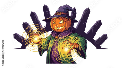 Spooky Halloween Witch: A cartoon witch conjures spells and mischief with her pumpkin head. Surrounded by dark stone formations, it encapsulates the spirit of autumn and Halloween.