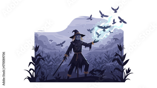 Scarecrow's Harvest Command: A whimsical illustration of a scarecrow amidst a field of crops, appearing to control a flock of crows with a touch of fantasy.