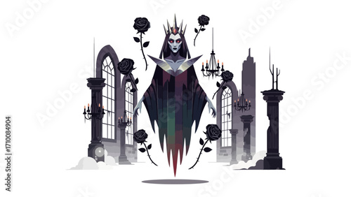 The Dark Queen's Decree: An ethereal queen presides over a gothic palace, surrounded by thorny roses and ominous ambiance, embodying authority and mystery.