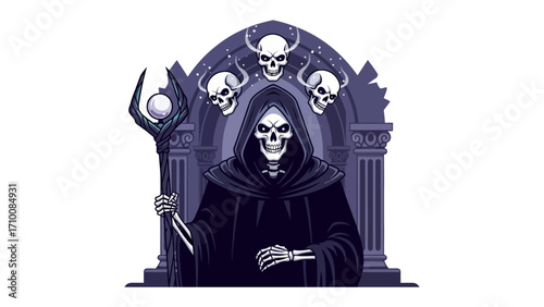 The Grim Reaper: A dark artistic depiction of the Grim Reaper, cloaked in ominous robes, holding a staff with a glowing orb, and adorned with skulls.