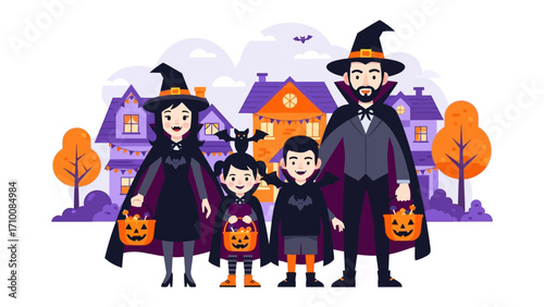 Family Halloween Gathering: A vibrantly illustrated scene of a family in full Halloween attire, standing before colorful houses and adorned with jack-o'-lanterns.