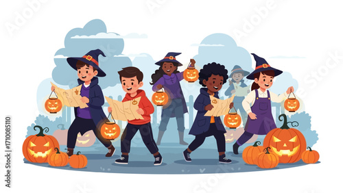 Halloween Quest: A group of young trick-or-treaters dressed in festive costumes navigate their spooky adventure, maps in hand, and illuminated by jack-o'-lanterns.