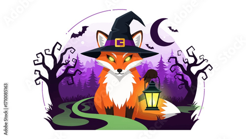 Halloween Fox: A captivating illustration showcases a whimsical fox adorned in a witch's hat, holding a lantern amidst a spooky forest, conjuring an eerie Halloween atmosphere.
