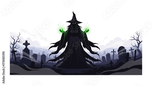 Shadow Witch Silhouette: A haunting silhouette of a powerful witch, exuding an aura of mystery amidst a gothic graveyard with ethereal, glowing magic illuminating the darkened scene.