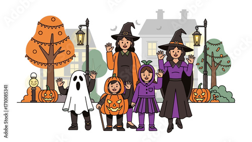 Halloween Festivities: A vibrant illustration of a family dressed up in whimsical costumes for Halloween, embodying the joyful spirit of the holiday. Featuring the joy of trick-or-treating.