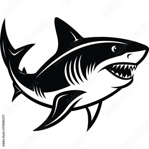 Bold black outline illustration of a fierce shark in dynamic motion suitable for marine themes and graphic design