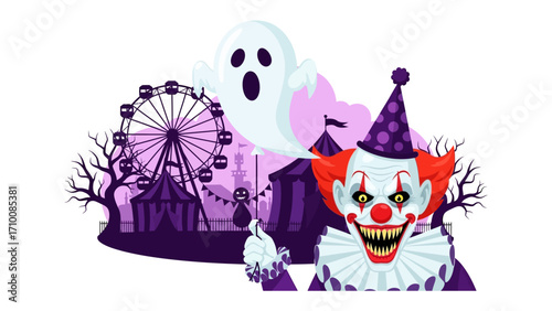 Spooky Carnival: A haunting cartoon illustration of a carnival, featuring a sinister clown, a ghostly apparition, and a Ferris wheel, creating a thrilling and eerie atmosphere.