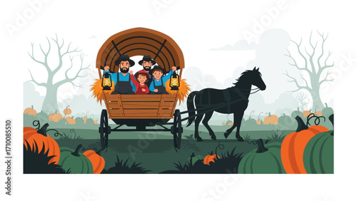 Autumn Carriage Ride: A festive illustration showcases a horse-drawn carriage filled with cheerful individuals, pumpkins, and lanterns, perfectly capturing the spirit of fall and harvest season.