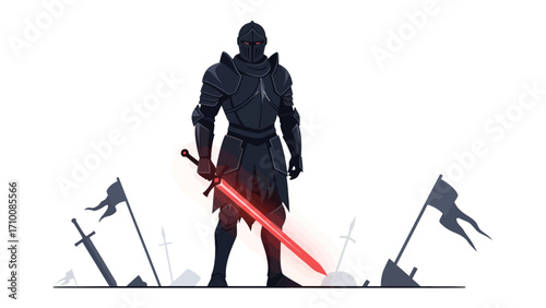 Warrior's Vigil: A solitary knight, enveloped in imposing armor, stands steadfast amidst the aftermath of conflict, a crimson blade illuminating the somber scene.