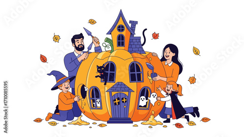 Family's Halloween House: A heartwarming illustration of a family building a festive house, featuring pumpkins, ghosts, and a touch of spooky joy.