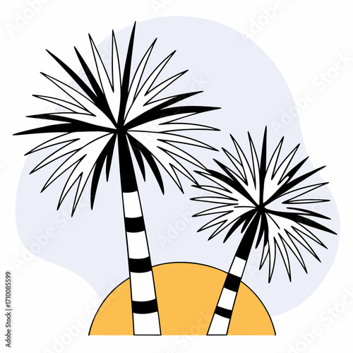 Vector art of two stylized palm trees on a yellow semicircle