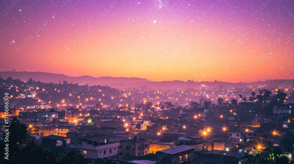 Fototapeta premium Night cityscape with colorful twilight sky and stars.