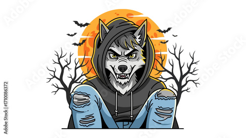 Wolf's Grim Halloween: A fierce wolf in a hooded attire poses amidst an ominous full moon and desolate tree silhouettes, a digitally crafted portrayal for the spooky season.