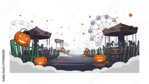 Spooky Amusement Park Scene: A festive and eerie amusement park decorated with pumpkin. Featuring ferris wheels, carousel, and decorative fences against a cloudy sky.