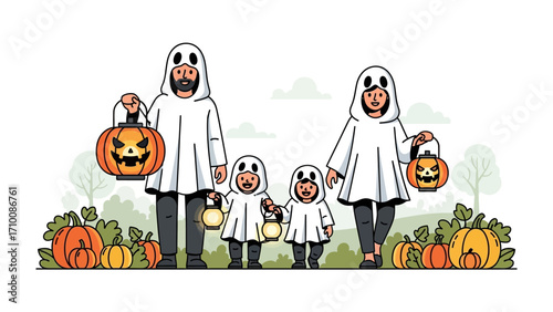 Halloween Family: A family dressed up as ghosts carrying Halloween lanterns and celebrating the spooky season.