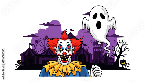 Creepy Carnival Dreams: A colorful cartoon illustration depicts a clown's menacing grin, conjuring fear, haunted by a floating ghost, and set against a chilling carnival background. 