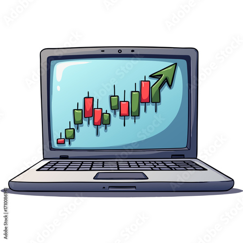 Laptop showing stock market analysis with candlestick chart and arrow indicating financial growth success