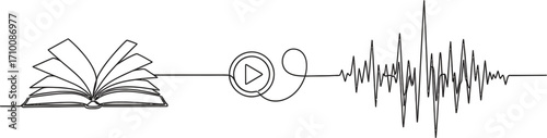 Audiobook concept continuous line drawing book and sound wave