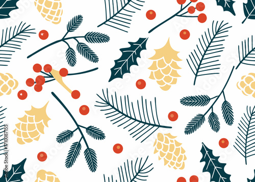 Festive christmas pattern with pine cones holly berries and pine needles