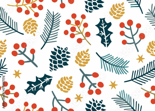 Festive winter pattern with pine cones holly berries and pine needles