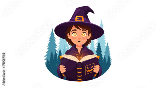 Mystical Child in the Forest: An enchanting scene of a child, spellbound by a magical book, surrounded by the mystical aura of a dark forest. A compelling visual evoking fantasy and curiosity.