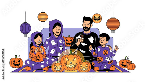 Halloween Family Portrait: A family dressed in festive attire gathers around carved pumpkins, evoking the spirit of Halloween with smiles, laughter, and joy. 