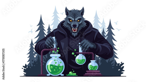 Werewolf in the Laboratory: A terrifying werewolf, mid-transformation, meticulously mixes potent potions within a sinister laboratory.