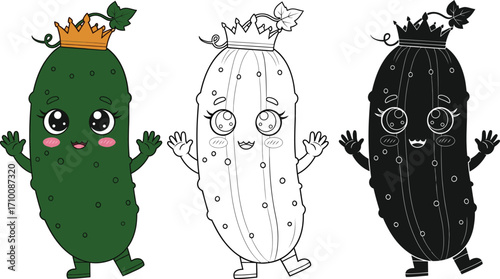 Cute cucumber character with crown coloring page vector art
