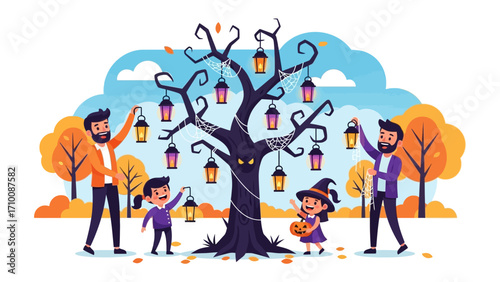 Family Decorating Halloween Tree: A festive scene of a family, adorned in autumnal attire, decorating a spooky tree with hanging lanterns against a backdrop of a cloudy sky and seasonal foliage.