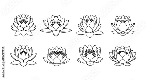 Collection of eight stylized lotus flower silhouettes in black and white