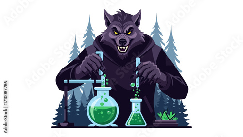 Werewolf Scientist's Experiment: A captivating illustration shows a werewolf immersed in a mad scientist's experiment, blending the realms of fantasy and science.