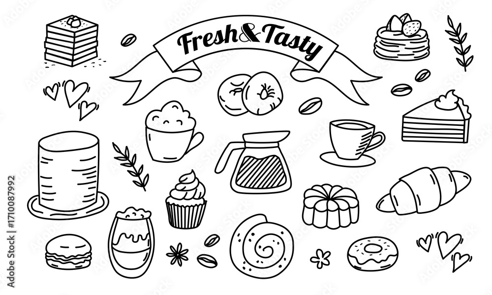 Fototapeta premium Hand drawn bakery and coffee doodle set