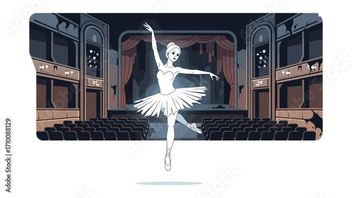 Graceful Ballerina on Stage: A beautifully illustrated ballerina pirouettes gracefully on a grand stage. Capturing the elegance of dance, the enchanting atmosphere of the theater.