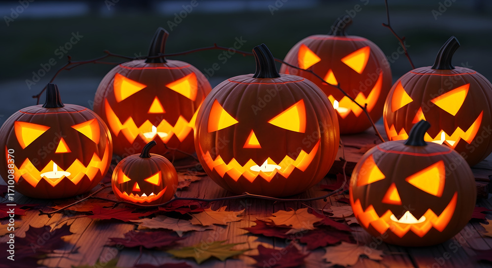 Fototapeta premium Spooky Halloween Jack-o'-Lanterns and Fall Leaves Glow in the Dark