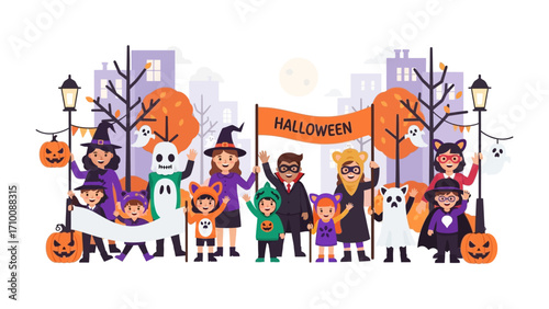 Halloween Celebration: A lively illustration of children in costumes happily celebrating Halloween, with pumpkins, and decorations, embodying the essence of joy and seasonal festivities.