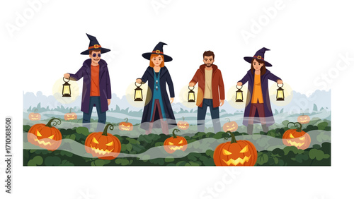 Halloween Pumpkin Patch Adventure: A quartet of figures donned in Halloween attire venture through a misty pumpkin patch illuminated by lanterns.