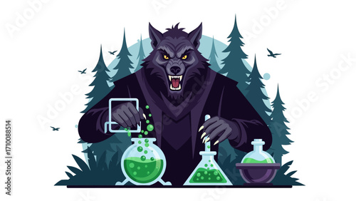 Mystical Beast’s Potion: In the moonlit forest, a formidable werewolf, cloaked in shadows, meticulously concocts a potion with bubbling beakers.