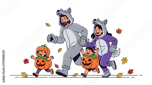 A Family Halloween Delight: A family dressed in a variety of costumes, pumpkin, wolf and run, joyfully participating in Halloween celebrations.