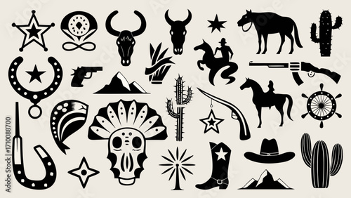 Collection of western and cowboy icons in silhouette style