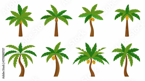 Collection of eight stylized palm trees with green fronds and brown trunks