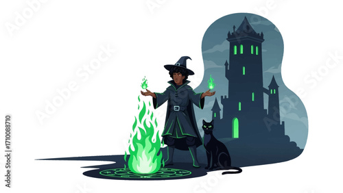 Sorcerer's Spell: A witch casts a magical spell, commanding the elements with grace and power, a symbolic representation of the mystical arts.