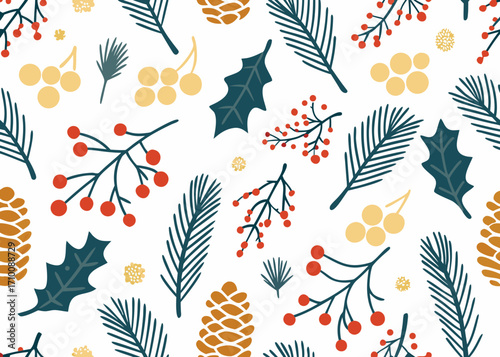 Festive winter pattern with pine branches holly berries and pinecones