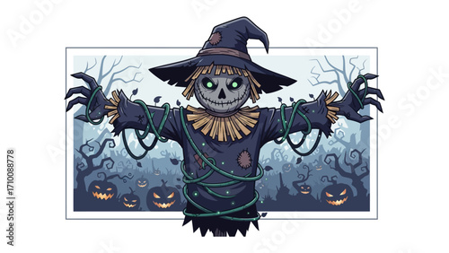 Spooky Scarecrow in the Dark: A chilling illustration captures a scarecrow standing amidst a haunting forest, embodying the spirit of Halloween, and evoking a sense of mystery. 