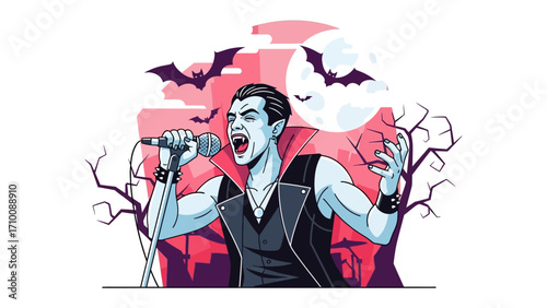Vampire Singer on Stage: In a stylized vector illustration, a vampire with a captivating presence stands before an audience, singing his heart out on a spooky Halloween night.