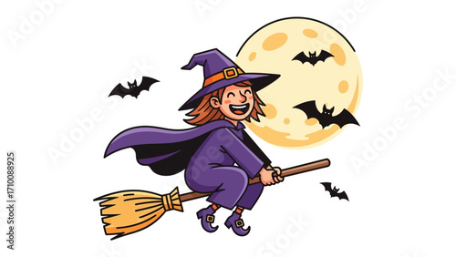Whimsical Witch's Flight: A cheerful witch on a broom flies under a full moon, bats dancing in the starry night sky. capturing the magical and delightful essence of a spooky celebration.