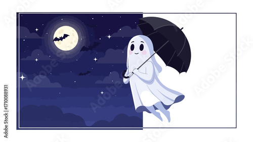 A Whimsical Specter: An enchanting illustration portrays a friendly ghost floating gracefully with an umbrella under the moonlit sky, celebrating Halloween. 