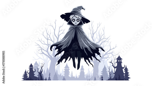 Mystical Witch's Forest: A whimsical illustration of a young witch floating over a spooky forest with enchanting castles and bare trees, perfect for Halloween!